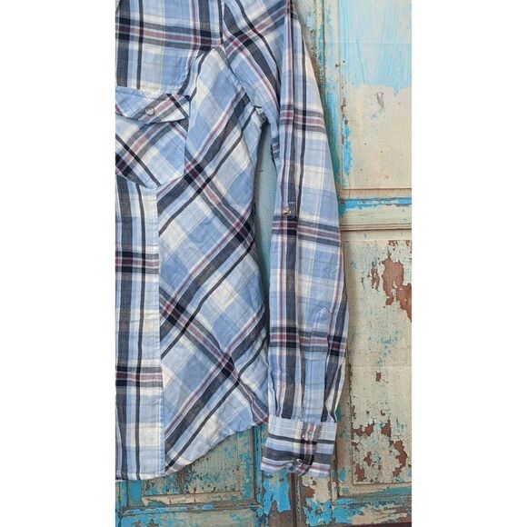 Style & Co. Womens XS Blue White Plaid Pearl Snap Roll Tab Sleeves Western Shirt - Picture 5 of 7